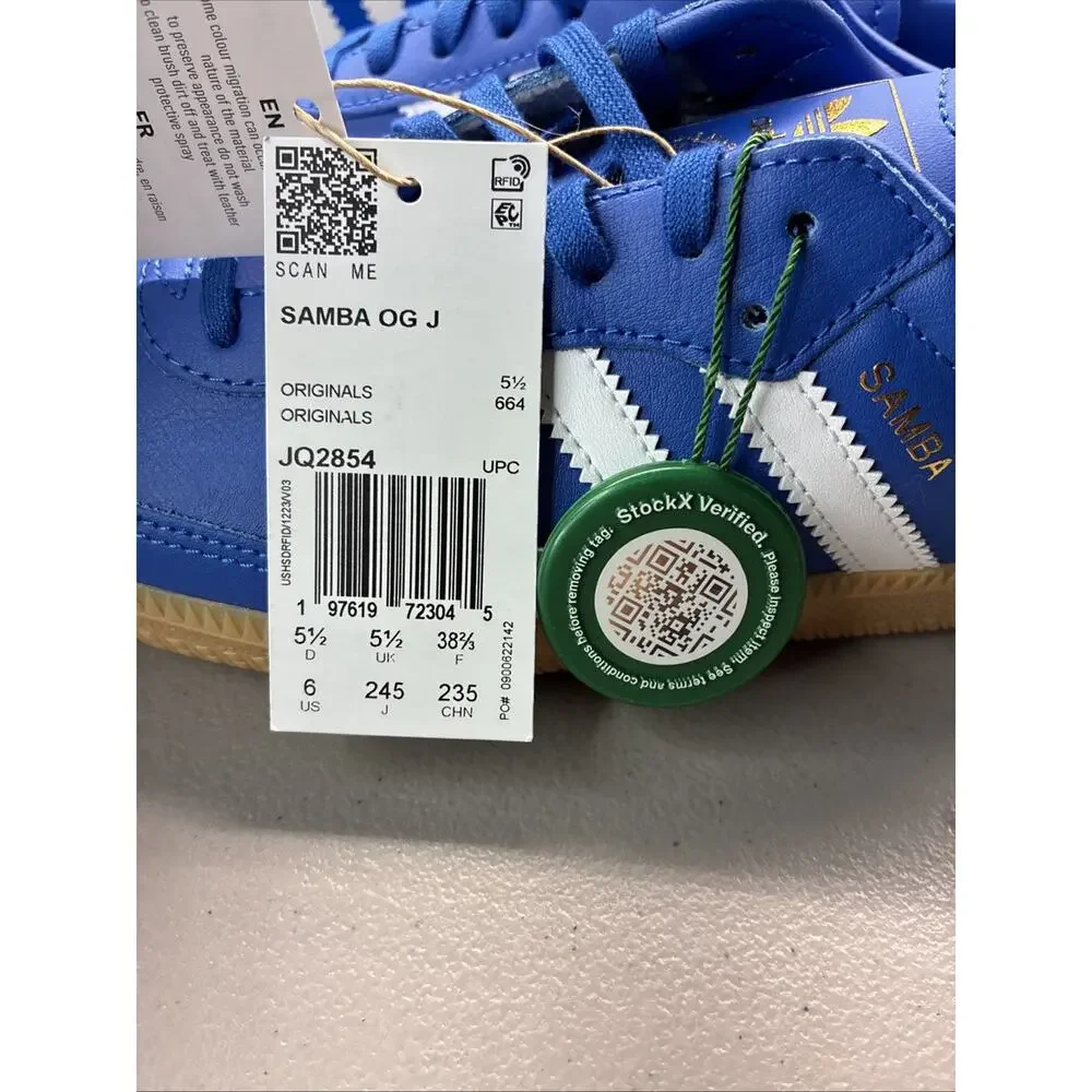 adidas Originals Samba OG J Blue White Leather Gum Low Top Big Kids US 6 JQ2854